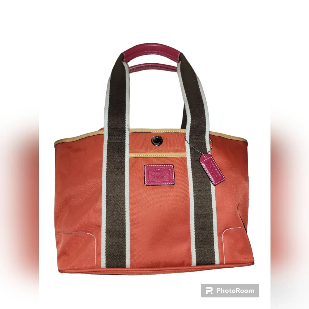 Coach Orange Canvas Tote with Brown Straps and Pink Trim